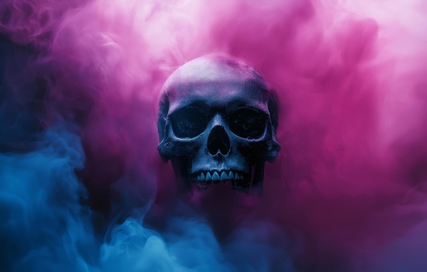 Череп в розовом и голубом дыму