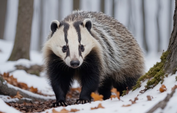 Большой барсук в заснеженном лесу