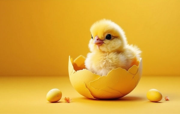 Маленький желтый цыпленок в скорлупе