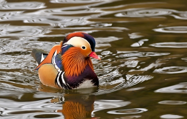 Уточка мандаринка плавает в воде