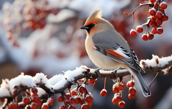 Птица свиристель на ветке с красными ягодами