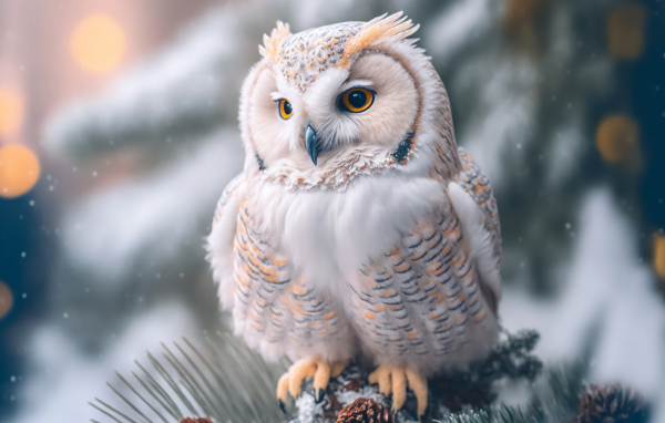 Белая сова сидит на заснеженной еловой ветке