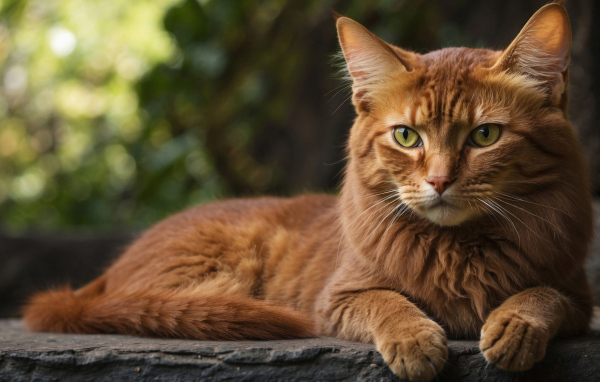 Большой рыжий кот лежит на камне