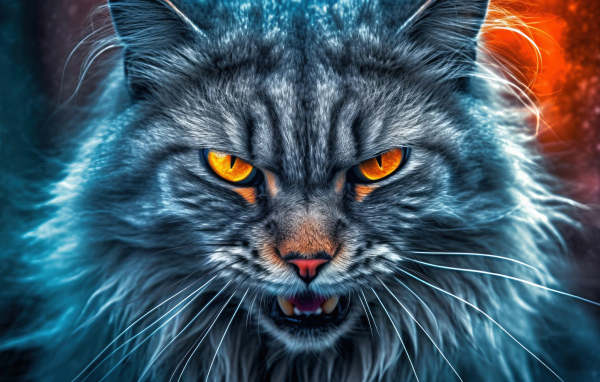 Злой серый пушистый кот с огненными глазами