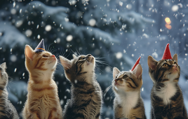 Рождественские коты смотрят вверх на снег