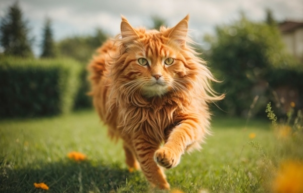 Пушистый рыжий кот бежит по зеленой траве