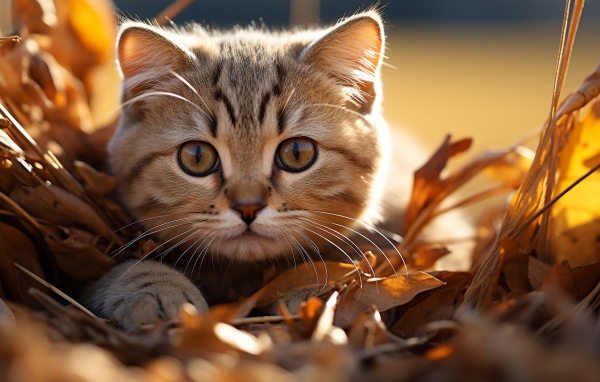 Забавный серый котенок прячется в сухой траве
