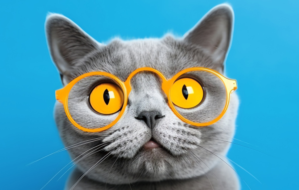 Серый кот в желтых очках на голубом фоне