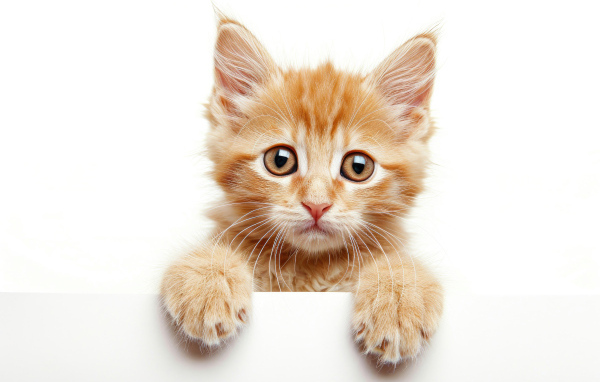 Маленький рыжий котенок на белом фоне