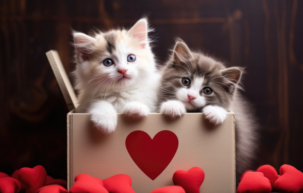 Два маленьких котенка в коробке с сердечками