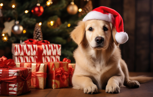 Золотистый ретривер с подарками у новогодней ели