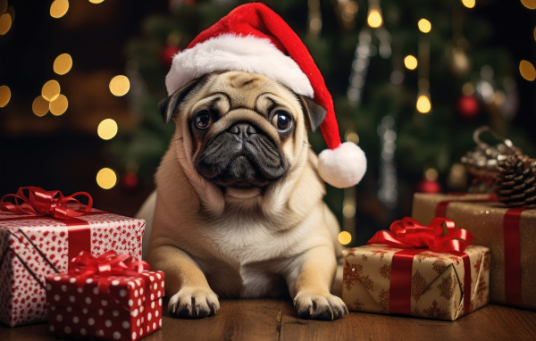 Мопс с подарками под новогодней елкой