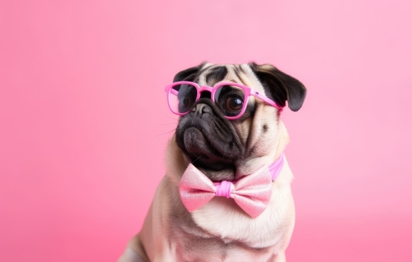 Мопс в очках на розовом фоне