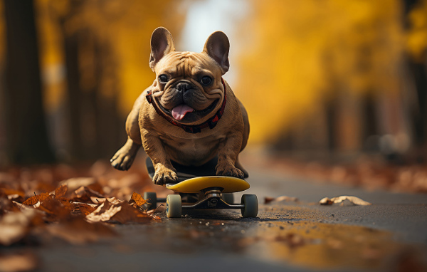 Довольный французский бульдог на скейтборде