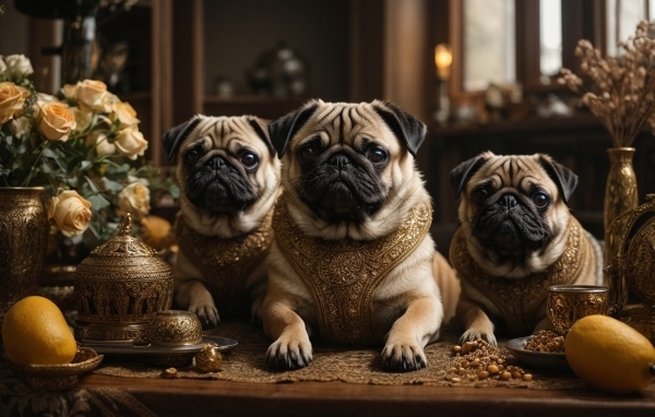 Три мопса в комнате за столом