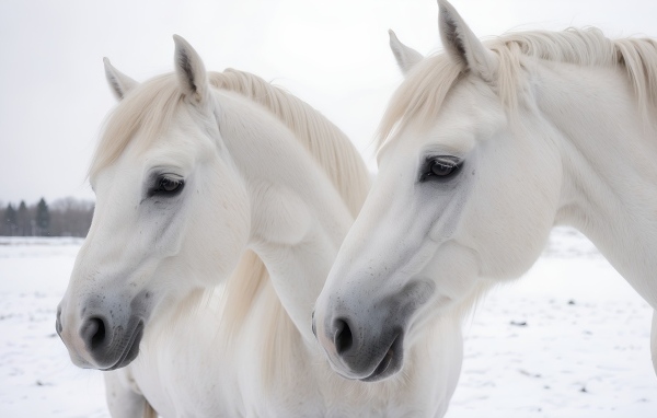 Две красивые белые лошади зимой