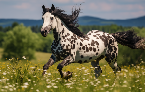 Белая лошадь в черных пятнах на пастбище