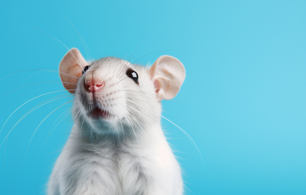 Милая серая крыса на голубом фоне