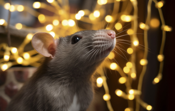 Серая крыса на фоне гирлянды