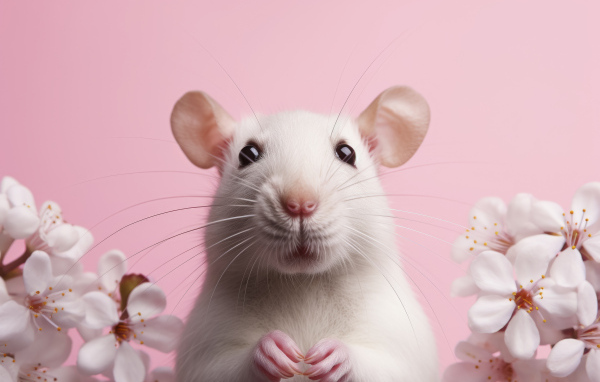 Белая крыса на розовом фоне с цветами