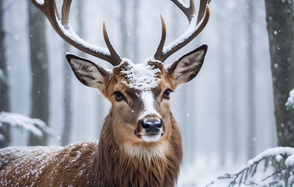 Большой олень в зимнем заснеженном лесу