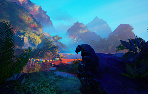 Большая черная пантера сидит на камне