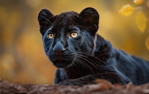Маленькая черная пантера лежит на земле