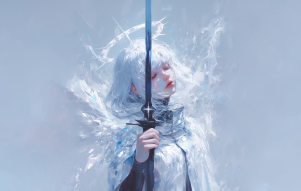 Девушка аниме ангел с оружием на сером фоне