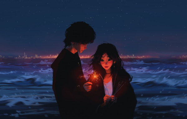 Пара аниме с бенгальскими огнями у воды