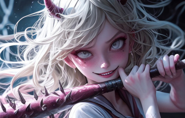 Девушка аниме демон с битой в руках