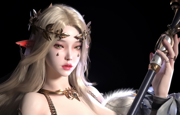 Девушка аниме эльф с украшениями на теле