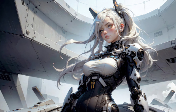 Девушка аниме в костюме на космическом корабле