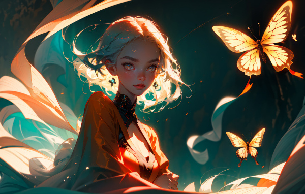 Девушка аниме в лучах света с бабочками