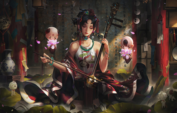 Девушка аниме играет на музыкальном инструменте