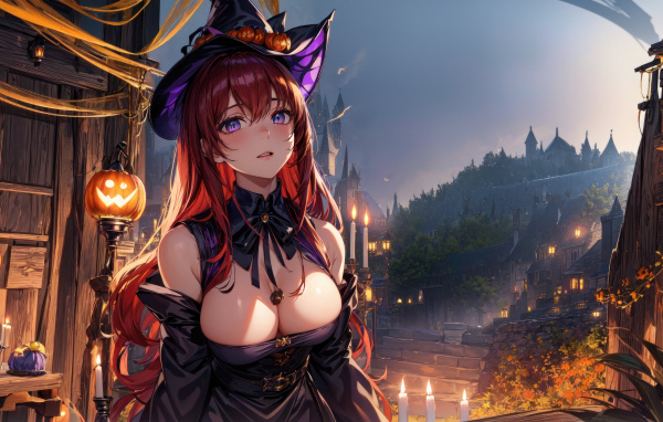 Аниме девушка в костюме ведьмы на Хэллоуин 