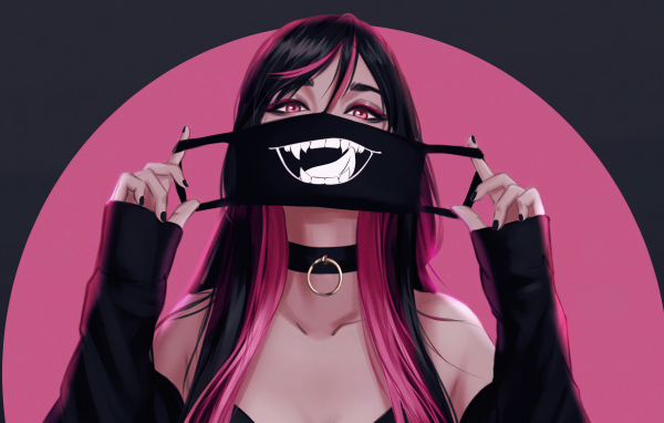 Девушка аниме с черной смешной маской на лице