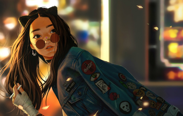 Девушка аниме с сигаретой в джинсовой куртке