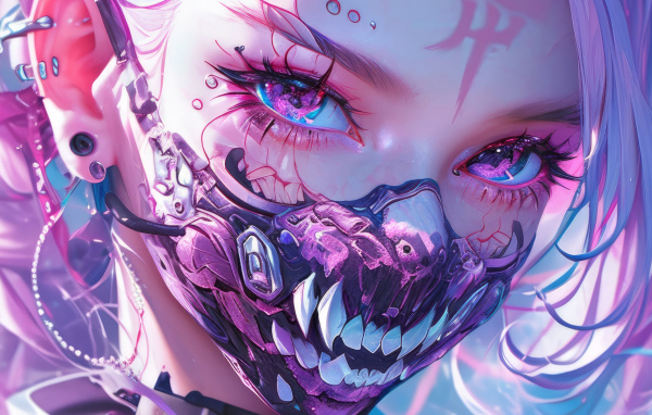 Аниме девушка с маской с острыми клыками на лице