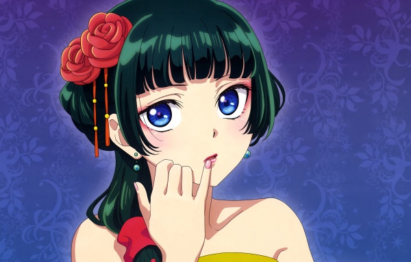 Девушка аниме с большими голубыми глазами на синем фоне