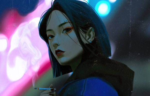 Девушка аниме с черными глазами с сигаретой в руках