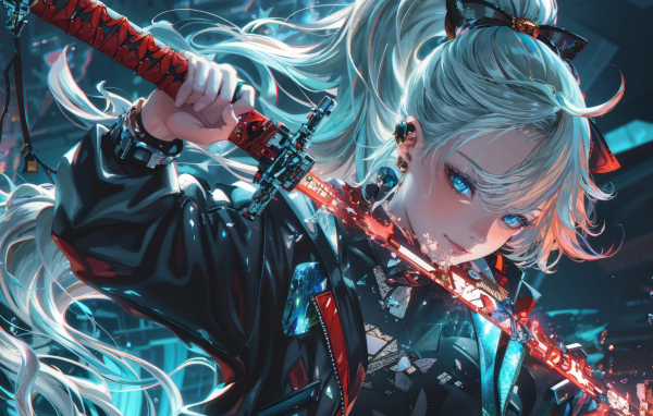 Девушка аниме с голубыми волосами держит катану