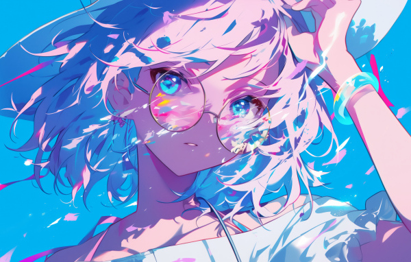 Аниме девушка в очках в лучах солнца на голубом фоне