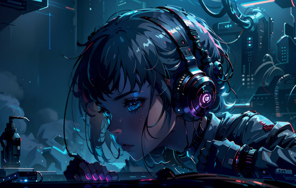 Девушка аниме с наушниками на голове 