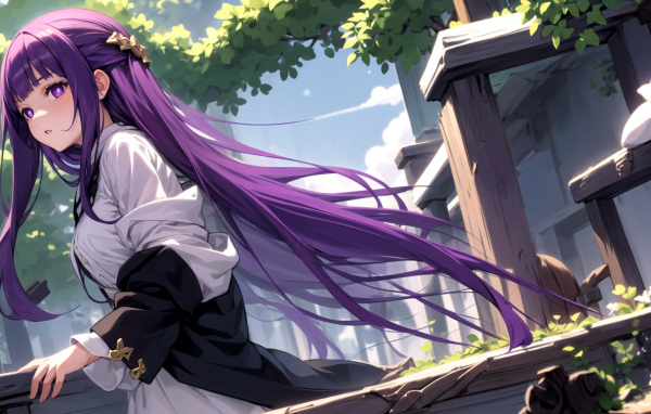Девушка аниме с длинными фиолетовыми волосами