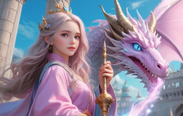 Девушка аниме с розовым драконом