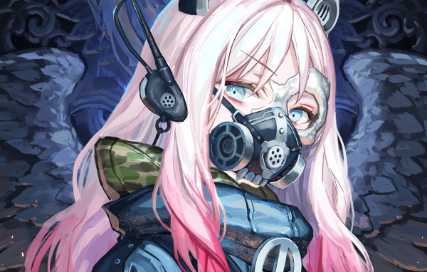 Девушка аниме с розовыми волосами с маской на лице