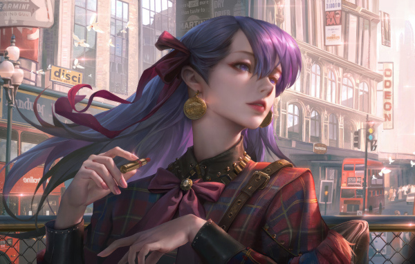 Девушка аниме с фиолетовыми волосами с помадой в руке