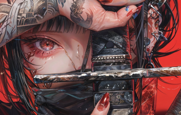 Аниме девушка с красными глазами держит меч