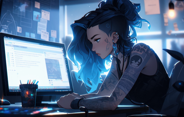 Девушка аниме с татуировками сидит за компьютером