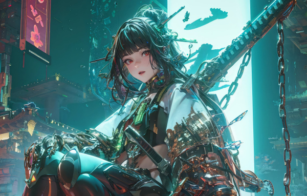 Девушка аниме самурай в городе